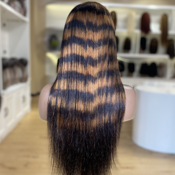 Highlight Zebra Brown Horizontal Stripe Long Straight Hair Glueless 4x4/13x4 HD Lace Front Human Hair Wigs- Daisy Hair