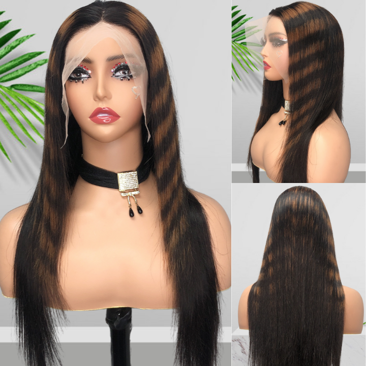 Highlight Zebra Brown Long Straight Hair Glueless 4x4/13x4 HD Lace Front Human Hair Wigs- Daisy Hair