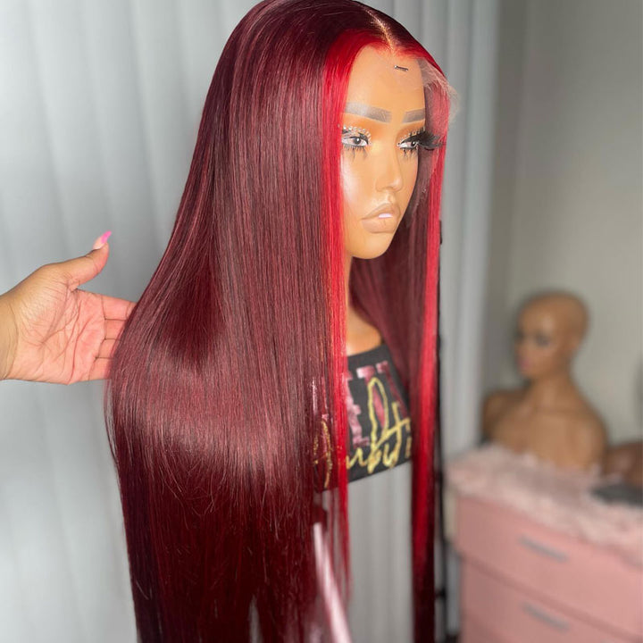 Highlight Ombre Straight Hair 99j Human Hair Wig HD Lace Font Wig Pre Plucked Natural Hairline-Daisy Hair