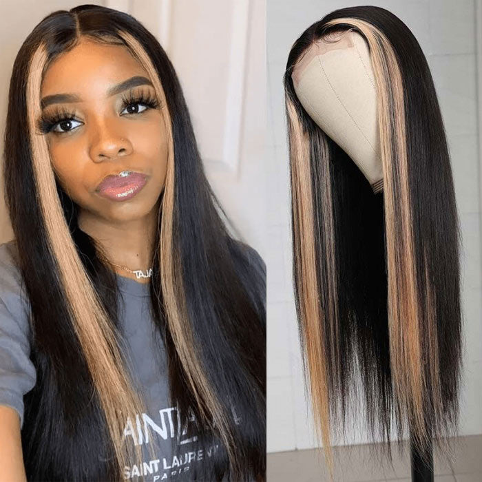 Highlight Ombre TL/27 Skunk Stripe Bone Straight Hair Wig 13x4 HD Lace Front Human Hair Wigs Pre Plucked Glueless Wig- Daisy Hair