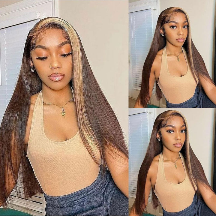 Straight Hair Skunk Stripe Wig 13x4 HD Lace Brown Hair With Honey Blonde Streaks Highlight Wigs Brazilian Human Hair Lace Front Wigs- Daisy Hair