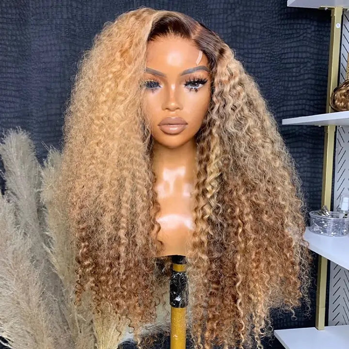 Highlight Curly Lace Front Human Hair Wigs 13x4 Honey Blonde Deep Wave Colored Glueless Wigs Daisy Hair