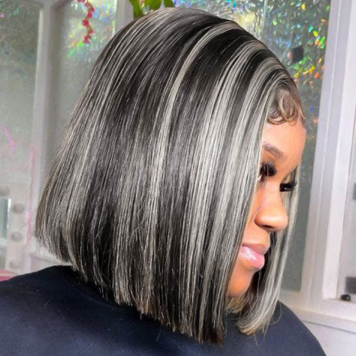 Platinum Highlight Grey 13x4/4x4 Lace Front Bob Wigs Highlights Color Brazilain Straight Human Hair Wigs Daisy Hair