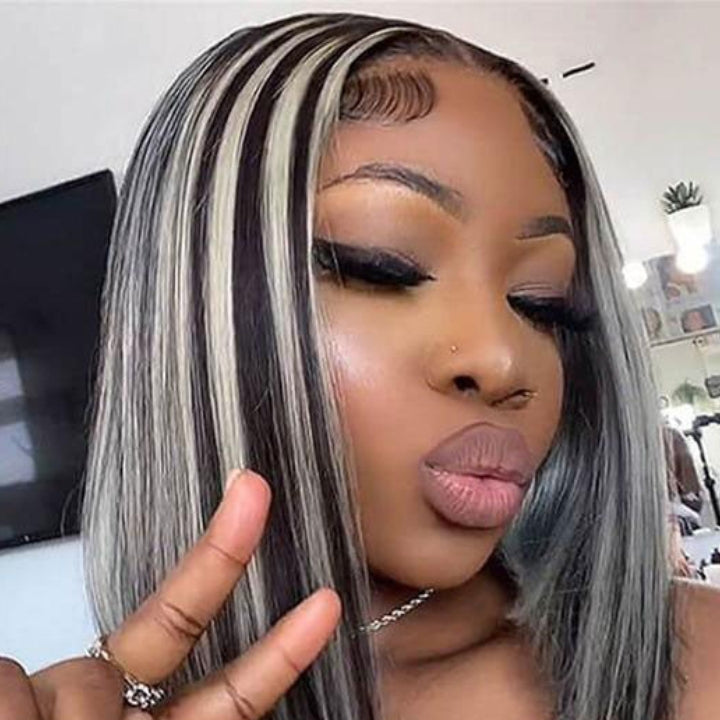 Platinum Highlight Grey 13x4/4x4 Lace Front Bob Wigs Highlights Color Brazilain Straight Human Hair Wigs Daisy Hair