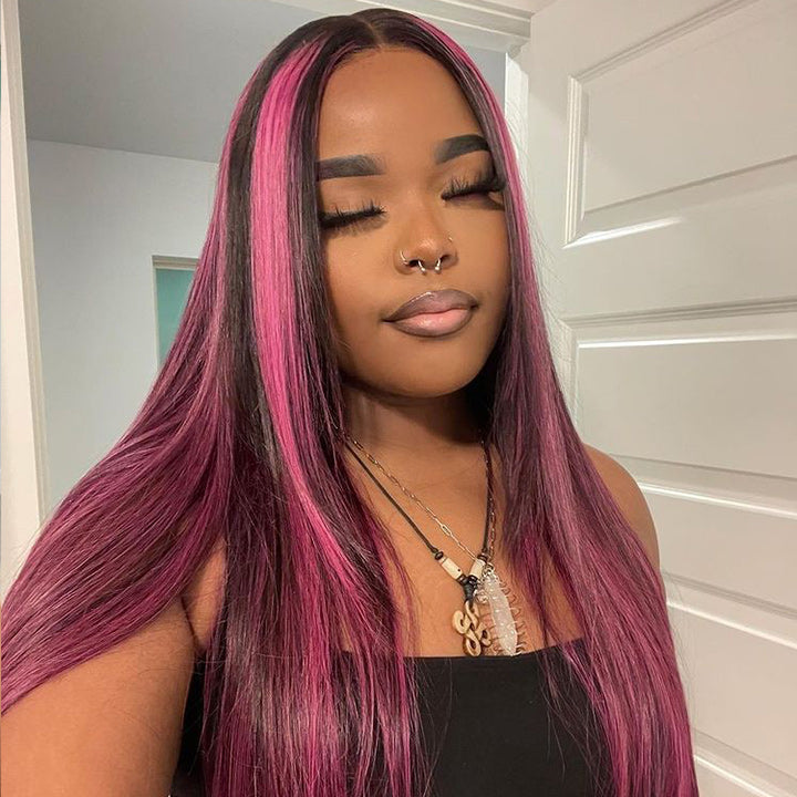 Highlight Purple Straight HD Transparent Lace Front Wig Highlights Pre Plucked Hairline Human Hair Wigs Daisy Hair