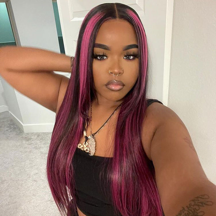 Highlight Purple Straight HD Transparent Lace Front Wig Highlights Pre Plucked Hairline Human Hair Wigs Daisy Hair