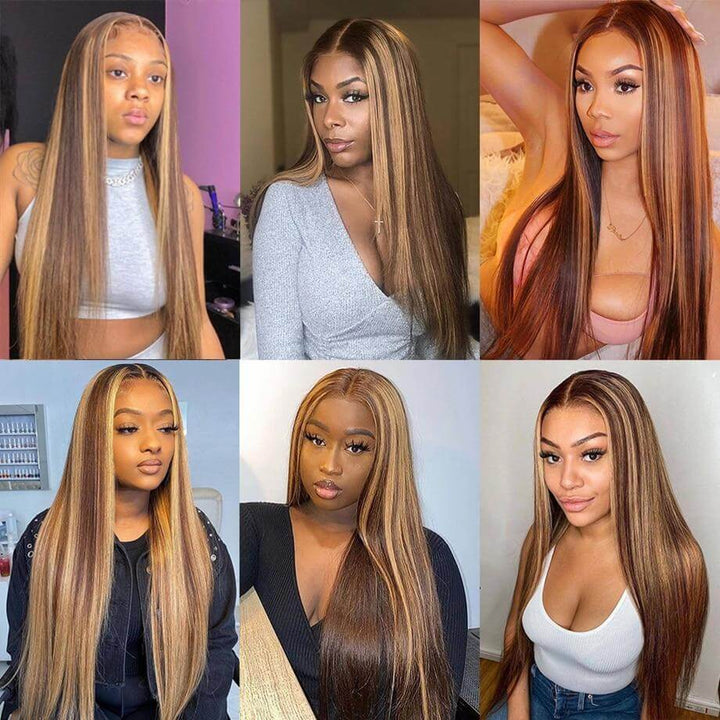 Long Straight Hair Honey Blonde Highlights T Part  Lace Front Wig Pre Plucked With Baby Hair 100% Virgin Humam Hair Wig- Daisy Hair