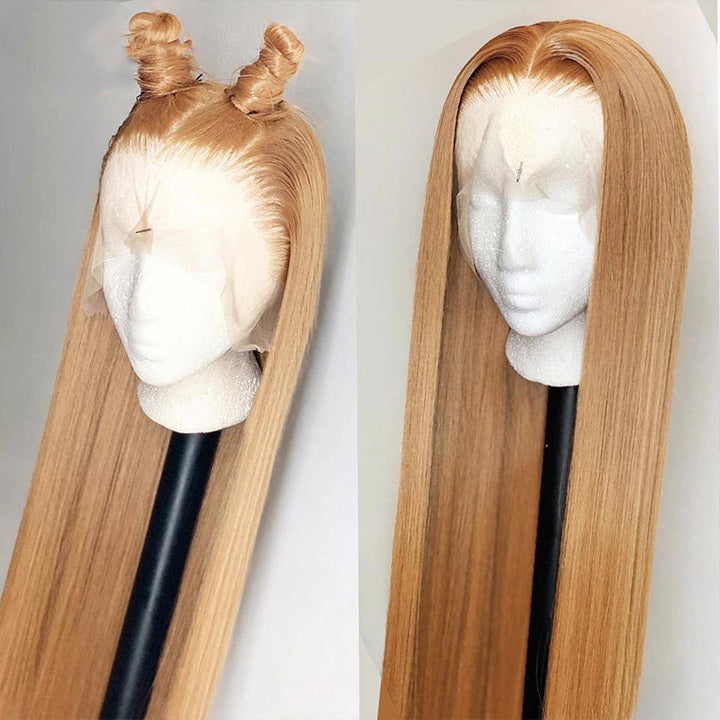 Honey Blonde Straight HD Transparent Lace Front Wig #27 Color  Glueless Pre Plucked Hairline Real Human Hair Wigs Daisy Hair