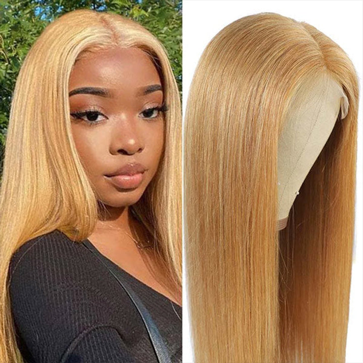 Honey Blonde Straight HD Transparent Lace Front Wig #27 Color  Glueless Pre Plucked Hairline Real Human Hair Wigs Daisy Hair