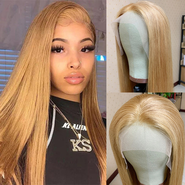 Honey Blonde Straight HD Transparent Lace Front Wig #27 Color  Glueless Pre Plucked Hairline Real Human Hair Wigs Daisy Hair