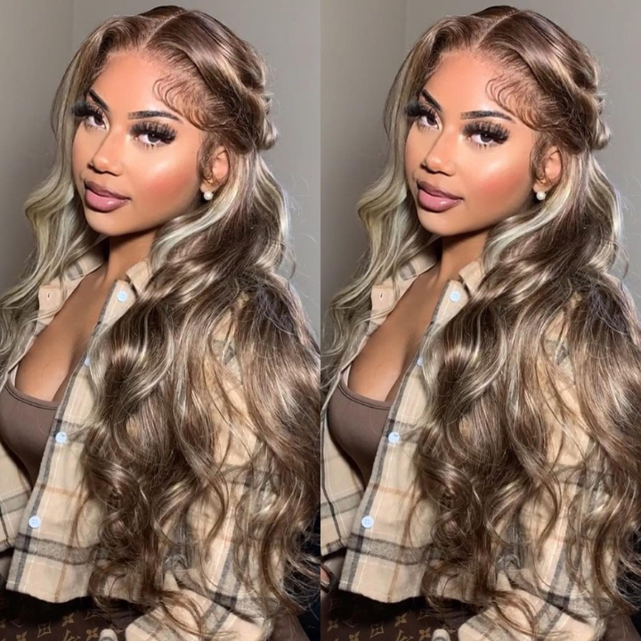 Ash Blonde Balayage Straight/Body Wave Lace Front Wig Tea Brown Colored Human Hair Wigs With Highlights Daisy Hair