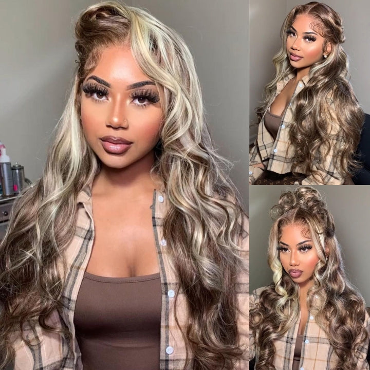 Ash Blonde Balayage Straight/Body Wave Lace Front Wig Tea Brown Colored Human Hair Wigs With Highlights Daisy Hair