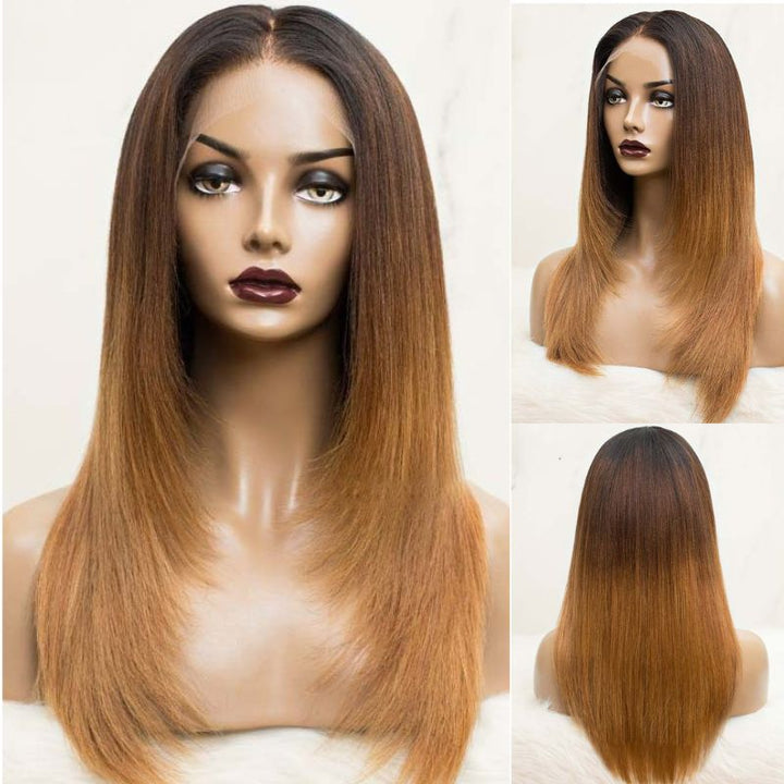 Pre Bleached Knots T1B/4/27 Ombre Straight Layered Cut Lace Front Wigs  Pre-Blucked 180% Density Daisy Hair