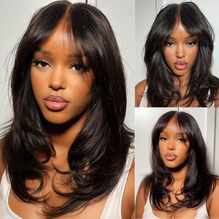 Long Natural Wavy Curtain Bangs Glueless 5x5 HD Lace Closure Wig Easy to Wear Lace Human Hair Bob Wigs-Daisy Hair