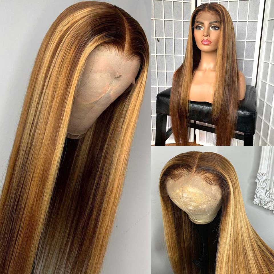 Long Straight Hair Honey Blonde Highlights T Part  Lace Front Wig Pre Plucked With Baby Hair 100% Virgin Humam Hair Wig- Daisy Hair