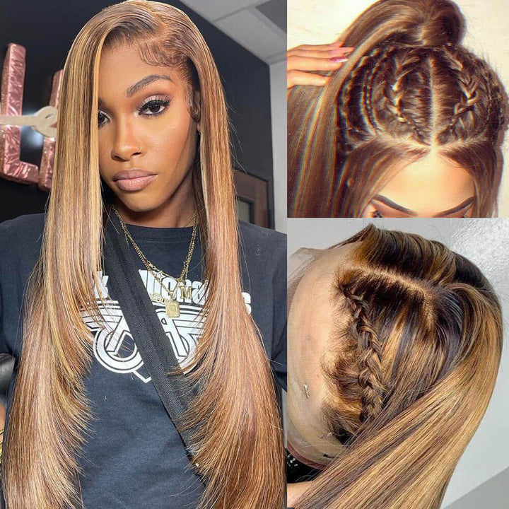 Straight Hair Honey Blonde Highlight Wig 13x4 HD Transparent Lace Human Hair Wigs Pre Plucked With Baby Hair-Daisy hair