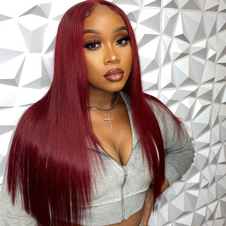 Long Straight Hair 99j Burgundy T Part Lace Front Wig Glueless Pre Plucked With Baby Hair 100% Virgin Human Hair Wig- Daisy Hair