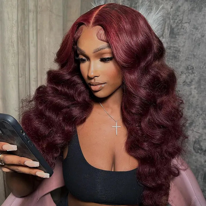 Body Wave 99J Lace Front Wig 13x4 Burgundy Colored Glueless Wigs Pre Plecked -Daisy Hair