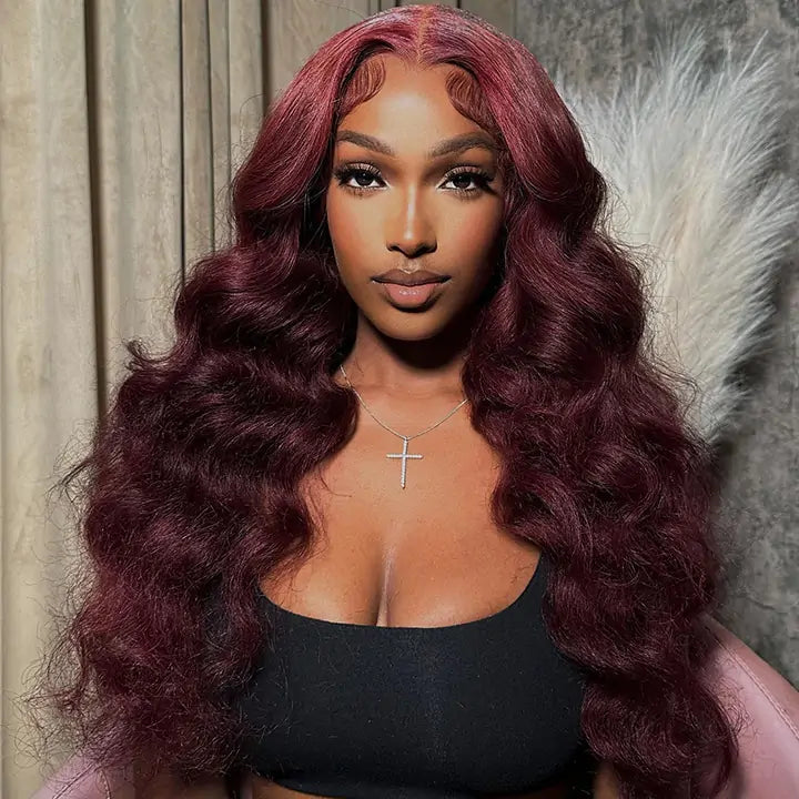 Body Wave 99J Lace Front Wig 13x4 Burgundy Colored Glueless Wigs Pre Plecked -Daisy Hair