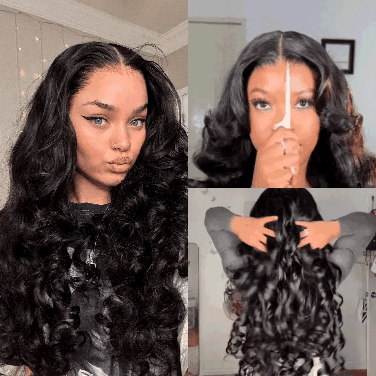 Loose Body Wave Human Hair Wigs 13x4 Ocean Wave Lace Front Wigs with Curtain Bangs Pre Plucked 180% Density-Daisy Hair