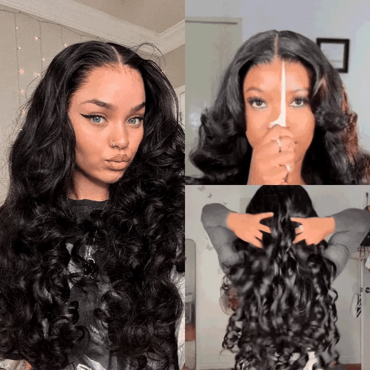 Loose Body Wave Human Hair Wigs 13x4 Ocean Wave Lace Front Wigs with Curtain Bangs Pre Plucked 180% Density-Daisy Hair