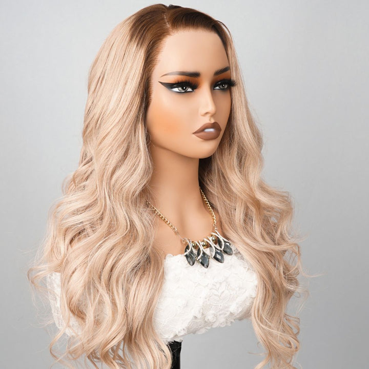 Luxury Designer Series Light Flaxen Brow with Dark Roots Wig Body Wave 13x4 Lace Front Gluleless Wigs Daisy Hair