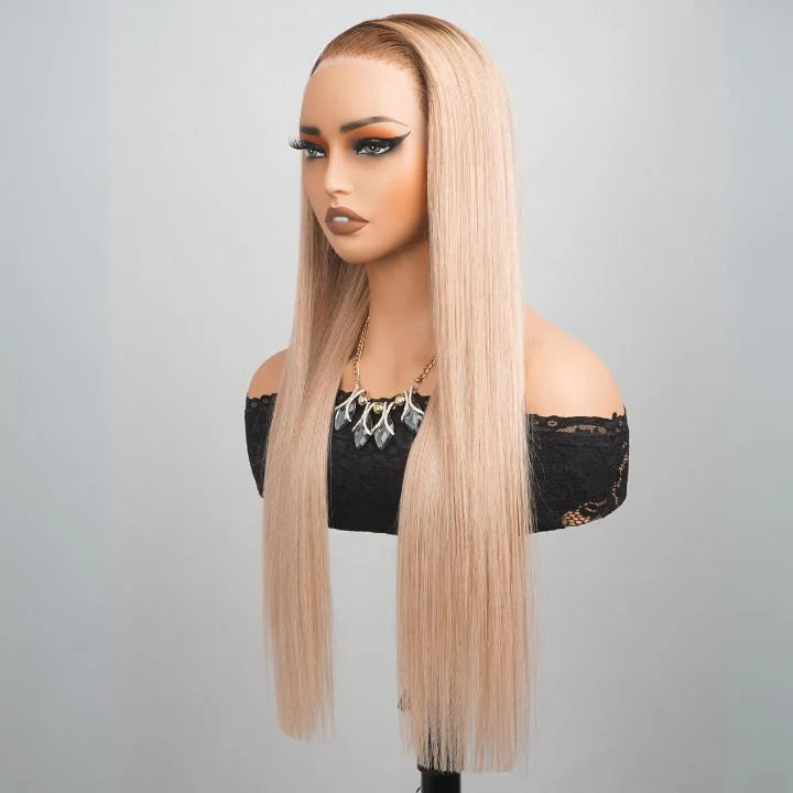 Luxury Designer Series Light Flaxen Brow with Dark Roots Wig Straight 13x4 Lace Front Gluleless Wigs Daisy Hair