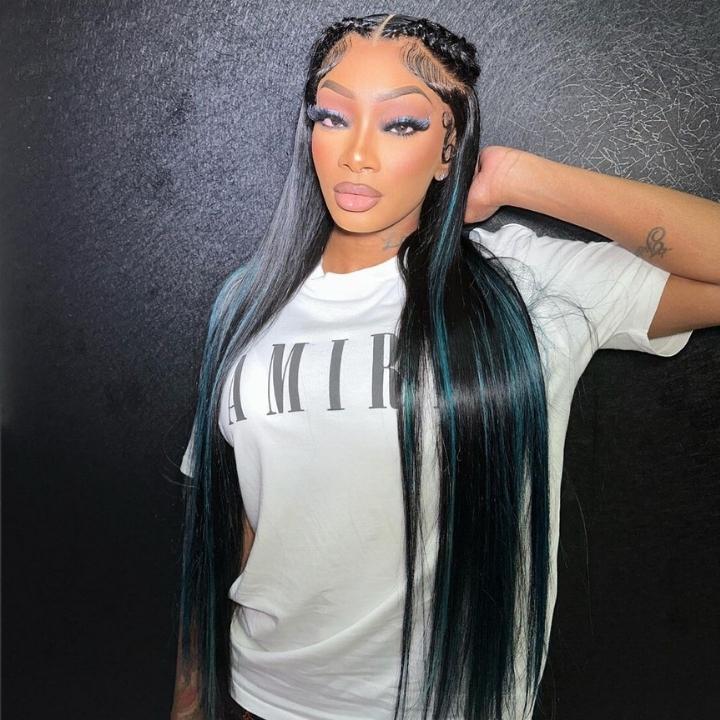Funky Colored Wigs | Highlight Bluish Green Straight HD Transparent Lace Wig Moeny Piece Colored Natural Hairline Human Hair Wigs- Daisy Hair