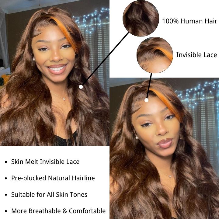 Money Piece Ginger Body Wave HD Transparent Lace Front Wigs Glueless Skunk Stripe Orange Human Hair Wigs- Daisy Hair