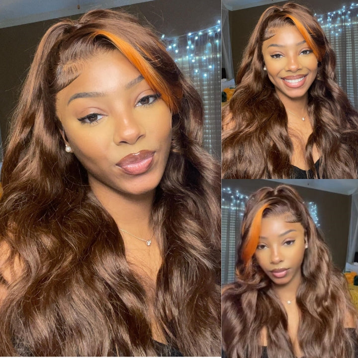 Money Piece Ginger Body Wave HD Transparent Lace Front Wigs Glueless Skunk Stripe Orange Human Hair Wigs- Daisy Hair