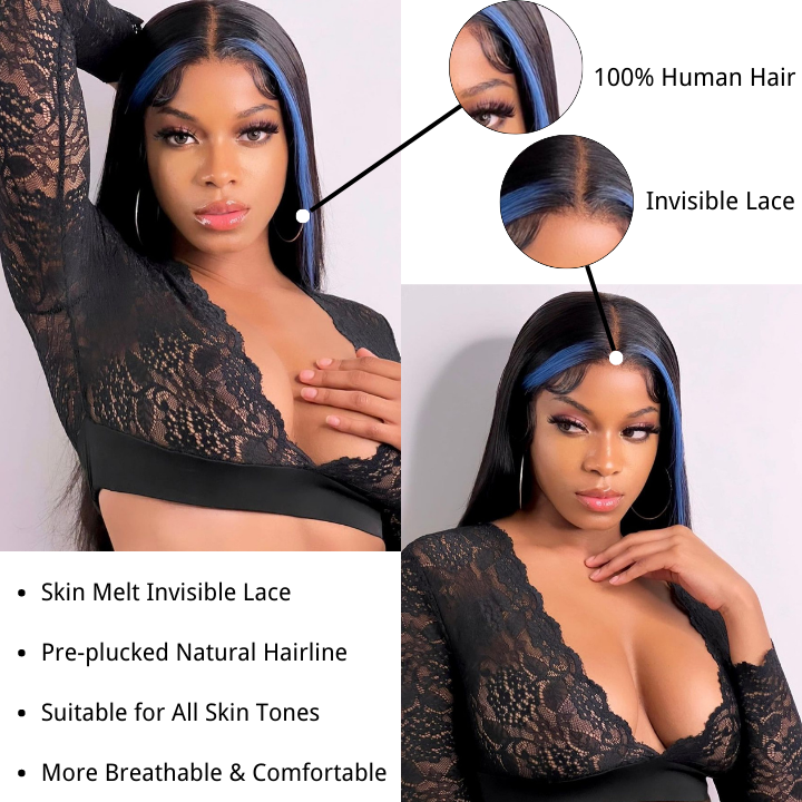 Funky Colored Wigs | Money Piece Highlight Blue 13x4/4x4 Transparent Lace Front Wig Skunk Stripe Straight/Body Wave Lace Color Human Hair Wigs-Daisy Hair