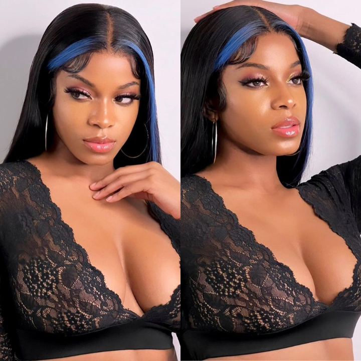 Funky Colored Wigs | Money Piece Highlight Blue 13x4/4x4 Transparent Lace Front Wig Skunk Stripe Straight/Body Wave Lace Color Human Hair Wigs-Daisy Hair