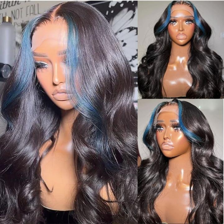 Funky Colored Wigs | Money Piece Highlight Blue 13x4/4x4 Transparent Lace Front Wig Skunk Stripe Straight/Body Wave Lace Color Human Hair Wigs-Daisy Hair