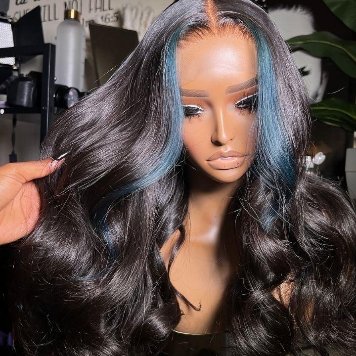 Funky Colored Wigs | Money Piece Highlight Blue 13x4/4x4 Transparent Lace Front Wig Skunk Stripe Straight/Body Wave Lace Color Human Hair Wigs-Daisy Hair