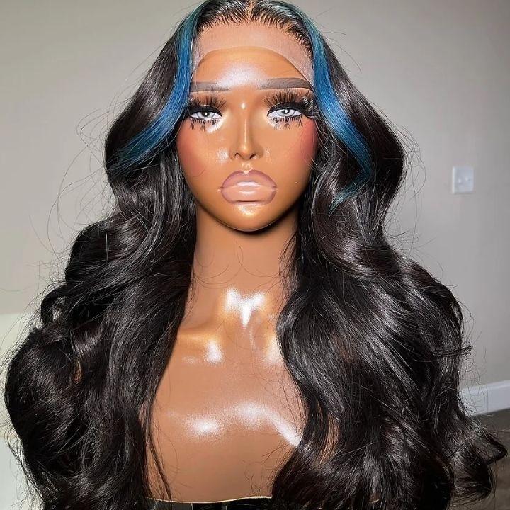 Funky Colored Wigs | Money Piece Highlight Blue 13x4/4x4 Transparent Lace Front Wig Skunk Stripe Straight/Body Wave Lace Color Human Hair Wigs-Daisy Hair