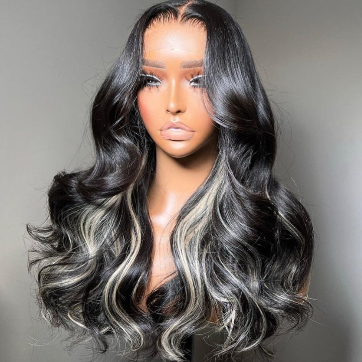 Funky Colored Wigs | Glueless 13x4/6x4.5 Money Piece Light Blonde Mix Black Body Wave Pre Cut HD Transaparent Lace Human Hair Wigs With Breathable Cap Highlights Air Wig- Daisy Hair