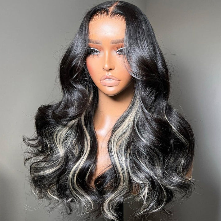 Funky Colored Wigs | Glueless 13x4/6x4.5 Money Piece Light Blonde Mix Black Body Wave Pre Cut HD Transaparent Lace Human Hair Wigs With Breathable Cap Highlights Air Wig- Daisy Hair