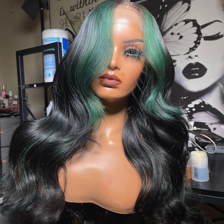 Funky Colored Wigs | Glueless 13x4/6x4.5 Money Piece Mint Green Body Wave HD Transaparent Pre Cut Lace Human Hair Wigs With Breathable Cap Skunk Stripe Air Wig - Daisy Hair