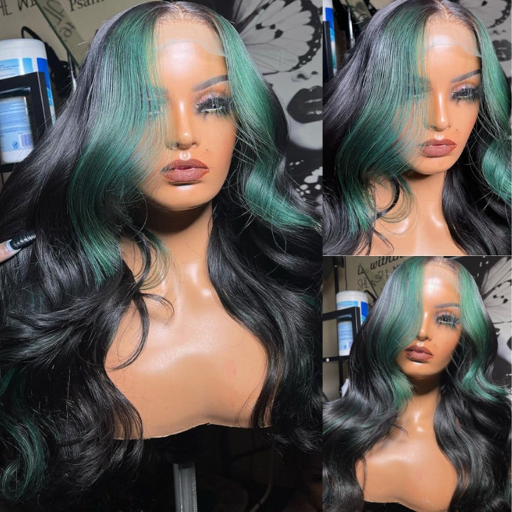 Funky Colored Wigs | Glueless 13x4/6x4.5 Money Piece Mint Green Body Wave HD Transaparent Pre Cut Lace Human Hair Wigs With Breathable Cap Skunk Stripe Air Wig - Daisy Hair