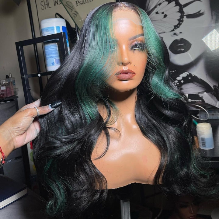 Funky Colored Wigs | Glueless 13x4/6x4.5 Money Piece Mint Green Body Wave HD Transaparent Pre Cut Lace Human Hair Wigs With Breathable Cap Skunk Stripe Air Wig - Daisy Hair