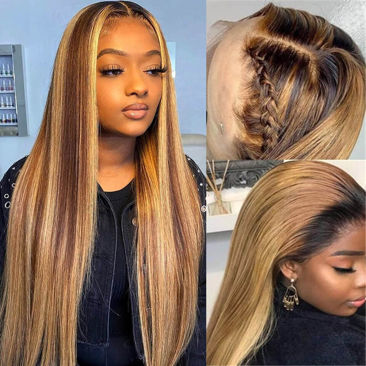 Long Straight Hair Honey Blonde Highlights T Part  Lace Front Wig Pre Plucked With Baby Hair 100% Virgin Humam Hair Wig- Daisy Hair