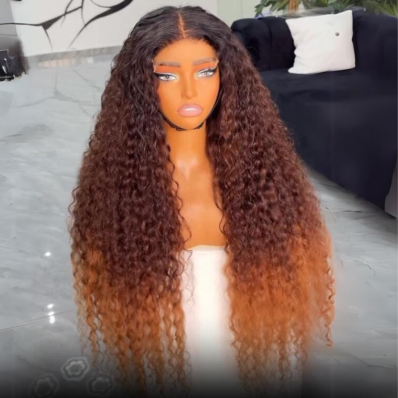 Ombre Brown Curly Lace Front Wigs Human Hair Pre Plucked Deep Curly Wave 13x4 HD Lace Frontal Wigs Daisy Hair