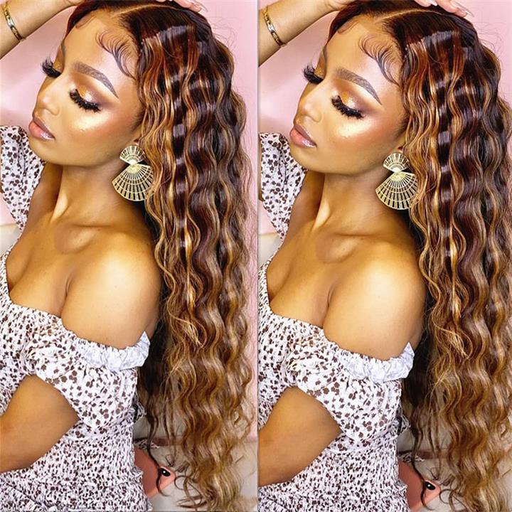 Ombre Highlight Lace Front Wig Human Hair 13x4 Glueless Deep Wave HD Lace Wigs Pre Plucked Daisy Hair