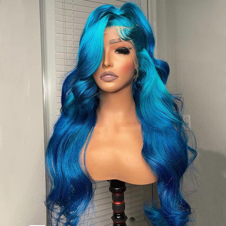 Ombre Lake Blue Body Wave HD Transparent Lace Wig Lake Blue Pre Plucked Human Hair Wigs Daisy Hair