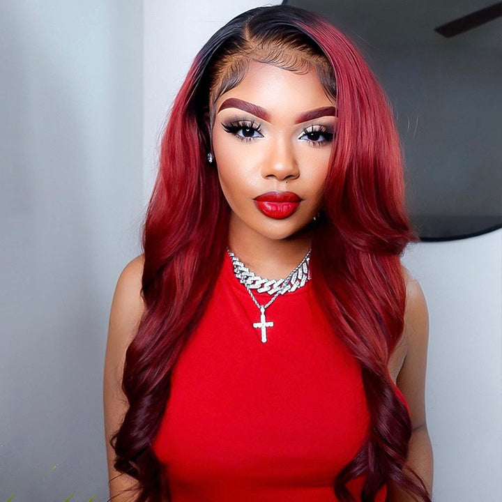 Ombre Red Loose Wave 13x4/4x4 HD Lace Wig Burgundy Pre Plucked Hairline Human Hair Wigs Daisy Hair