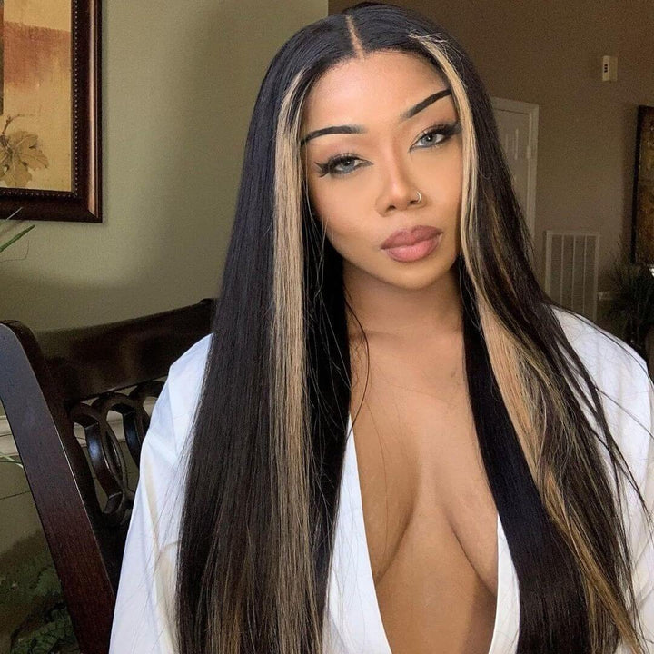 Highlight Ombre TL/27 Skunk Stripe Bone Straight Hair Wig 13x4 HD Lace Front Human Hair Wigs Pre Plucked Glueless Wig- Daisy Hair