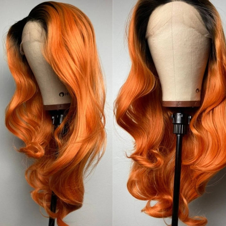 Orange Ginger Body Wave Wig With Black Roots Pre Plucked Natural Hairline Glueless Real Human Hair Wigs Daisy Hair