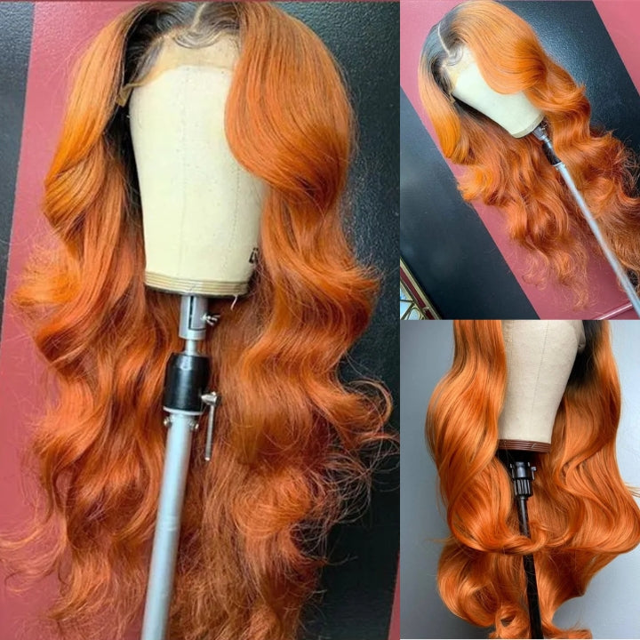 Orange Ginger Body Wave Wig With Black Roots Pre Plucked Natural Hairline Glueless Real Human Hair Wigs Daisy Hair