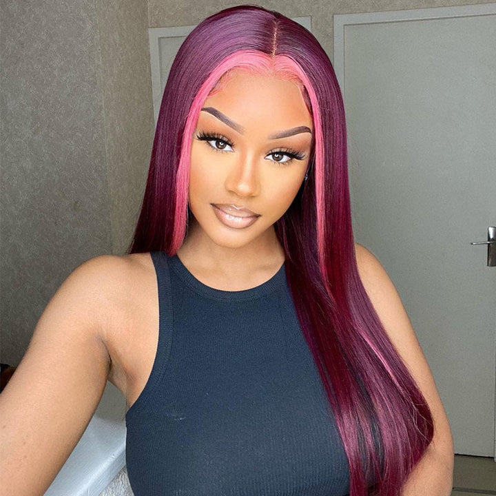 Stunk Stripe 13x4/4x4 HD Lace Wig 99J Burgundy Hair With Pink Streaks Highlight Straight Hair Lace Front Wig 100% Human Hair Lace Closure Wig- Daisy Hair