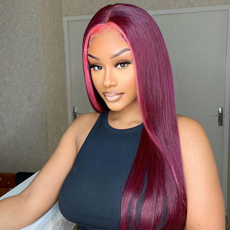 Stunk Stripe 13x4/4x4 HD Lace Wig 99J Burgundy Hair With Pink Streaks Highlight Straight Hair Lace Front Wig 100% Human Hair Lace Closure Wig- Daisy Hair